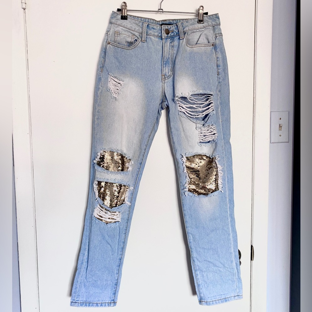 F21 Ripped Sequin Relaxed Fit Denim Jeans